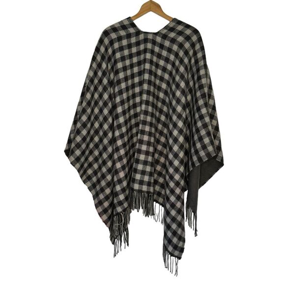 Talbots One Size Black Multi Plaid Reversible Woven Plaid Fringe Ruana Wrap - Picture 2 of 5